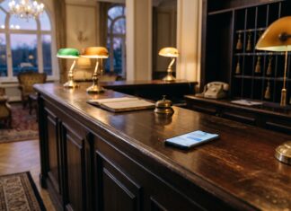 Your next hotel may be booked by a chatbot. Who is it working for? Smartphone glowing with a chat screen on an empty hotel reception desk, illustrating AI hotel booking