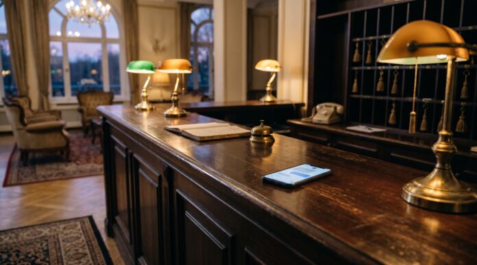 Smartphone glowing with a chat screen on an empty hotel reception desk, illustrating AI hotel booking