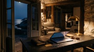 Private laptop workstation inside a Mediterranean stone villa